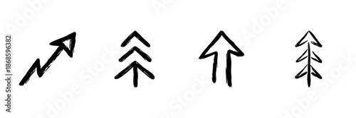 Upward Arrows In Hand Drawn Style Set. Growth, Progress, And Direction Doodle Sketch Collection. Business And Success Symbols. Isolated Vector Illustration