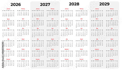 Vector set of simple calendars for 2026-2029 in English.