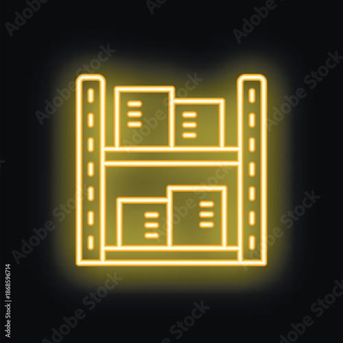 Bright yellow neon warehouse shelves holding boxes icon graphic on a black background