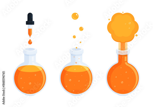 Scientific experiment with Florence round-bottom flask and orange liquid reaction. Chemistry, laboratory research, education, science, STEM. Flat vector illustration isolated on white background
