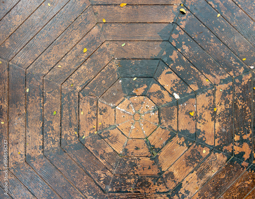 Geometric Octagon Wooden Bench Pattern in Public Park.