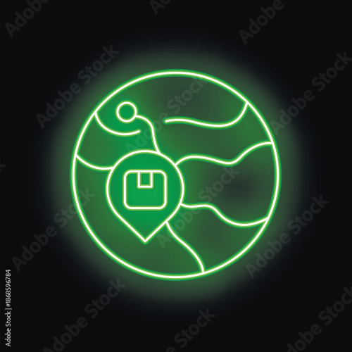 Neon sign representing a global delivery tracking system with a package icon