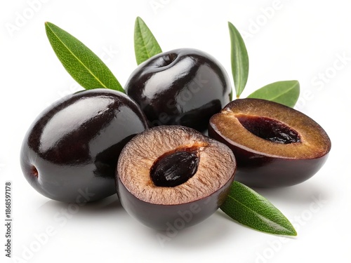 Illustration of black olives with leaves isolated on white background
