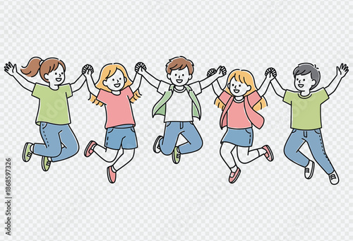 Happy children jumping together with joy and friendship in a vibrant cartoon illustration