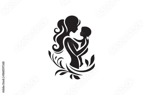 Happy Mother’s Day Celebration with Mom and Child icon silhouette on white background.