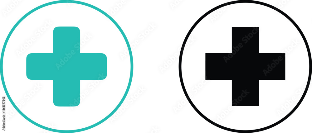 Obraz premium Medical cross icon set featuring teal and black plus signs inside circles for healthcare, pharmacy, and hospital symbols.