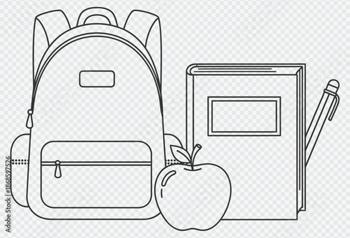 Backpack, book, apple, and pencil illustration representing school supplies and education