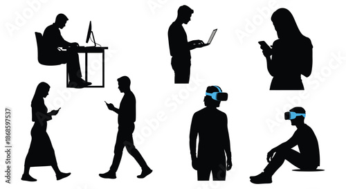 People using technology in various settings with virtual reality