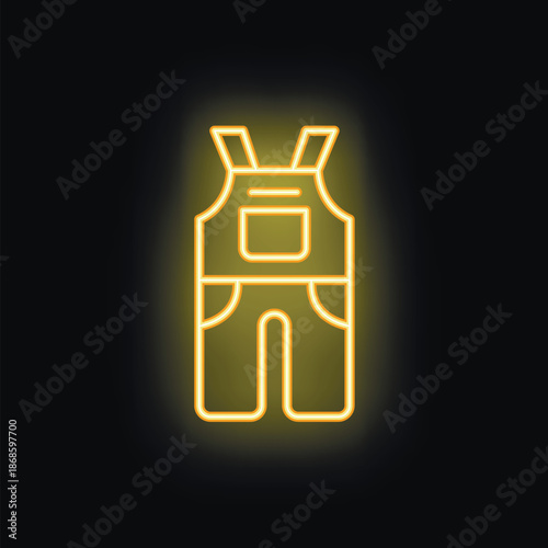 Yellow neon icon of overalls glowing on a black background