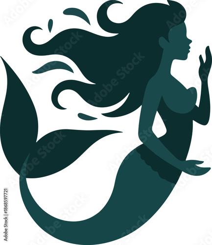 Dark Teal Mermaid Silhouette with Flowing Hair on White