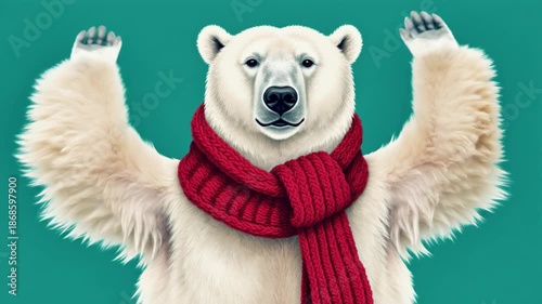 Polar bear wearing a vibrant red knitted scarf