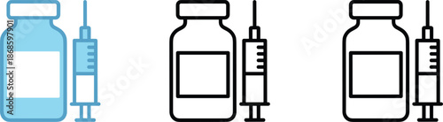 Medical vaccine vial and syringe icon set in blue and black outlines for immunization, flu shots, and healthcare.