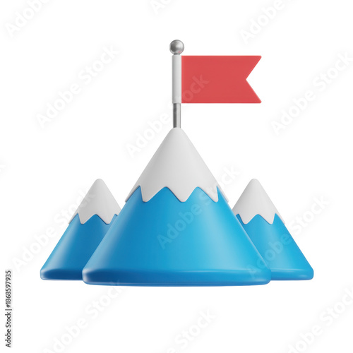 3D icon of a red flag on a mountain peak isolated on transparent background