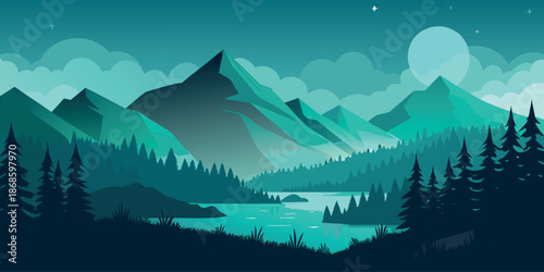 Minimalist Flat Vector Landscape of Teal Mountains and Forest under a Night Sky with Moon