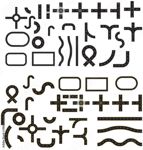 City road and highway top view. Transport icons. Aerial view of asphalt street and Road from above with footpaths and crossroads. Circle, Roundabout and curve roadway parts of single and double roads.