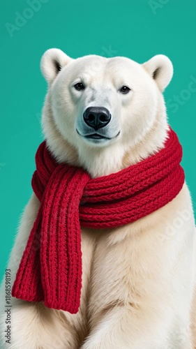 Polar bear wearing a vibrant red knitted scarf
