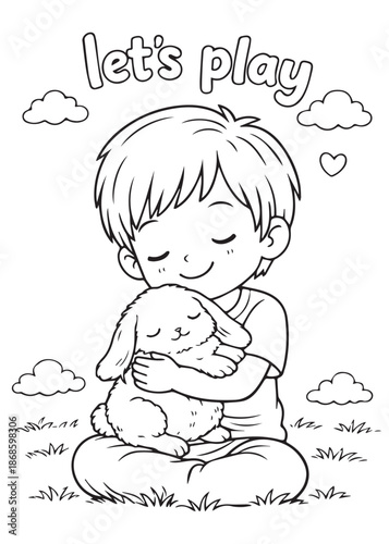 coloring book boy sitting cross legged hugging sleeping rabbit peacefully