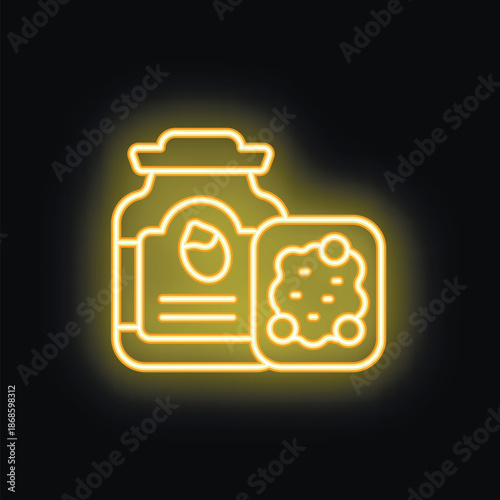 Neon icon of jar with jam and toast with spread on black background