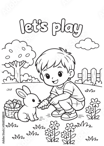 coloring book boy crouching feeding carrot to rabbit in flower garden