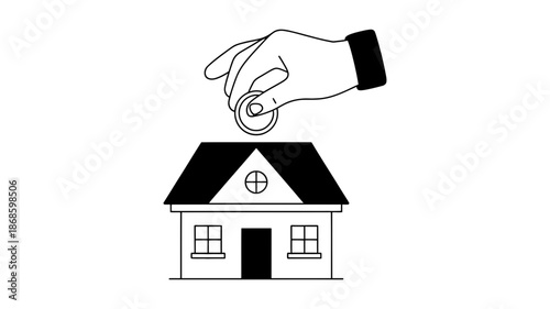 Hand putting coin into a house, symbolizing saving money for property or home investment
