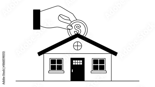 Hand placing a dollar coin into a house roof, symbolizing investment and saving for real estate