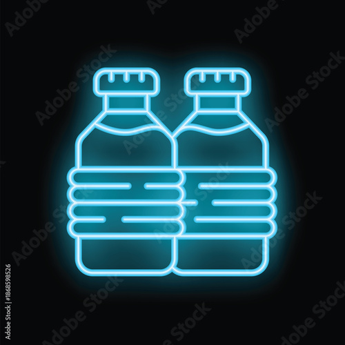 Two plastic water bottles with blue neon effect light are glowing on black background