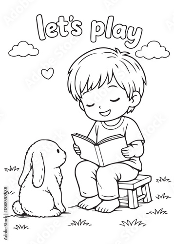 coloring book  boy sitting on stool reading book to rabbit friend