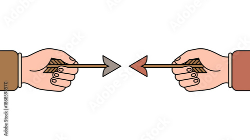 Two hands holding opposing arrows illustrating conflict, disagreement, or a head-on encounter