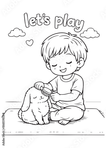 coloring book boy brushing rabbit fur gentle caring activity