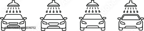 Car wash service icon set featuring black outline vehicle symbols under water shower for automotive maintenance and cleaning.