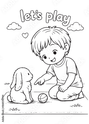 coloring book boy kneeling playing ball with rabbit outdoors