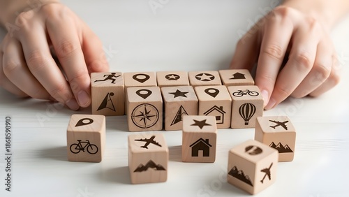 Hands manipulating wooden blocks with adventure symbols