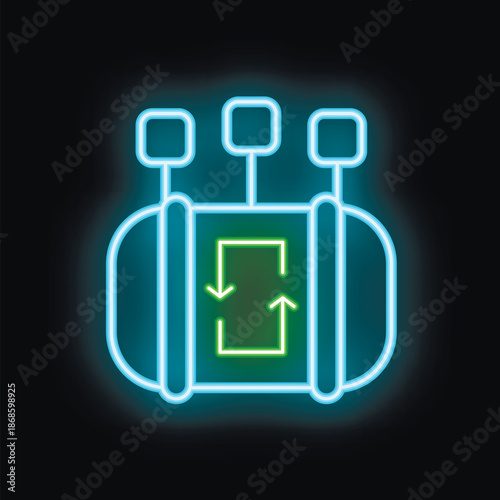 Glowing neon icon of an energy storage system, featuring a tank with input and output connections, symbolizing energy storage and distribution