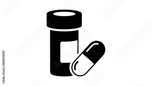Black Medicine Bottle and Capsule Pill Icon, Representing Pharmaceutical Drugs, isolated white background.