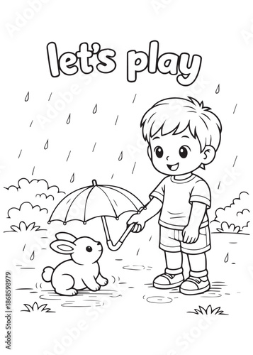 coloring book boy standing holding umbrella with rabbit in rainy day