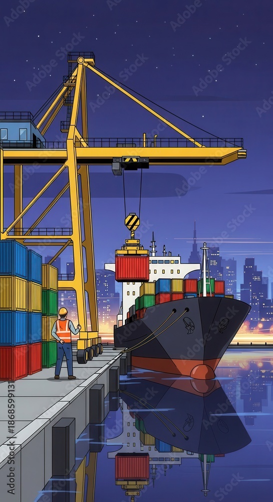 Fototapeta premium Large cargo vessel is being loaded with containers at a busy industrial port under a dark night sky