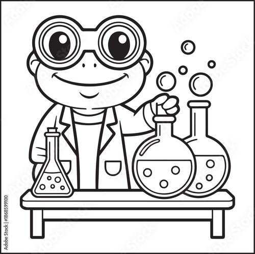 Scientist frog wearing eyeglass and working in lab coloring page for kids, black line art vector illustration for children's activity book design