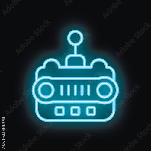 Blue neon sign showing a robot toy on black background