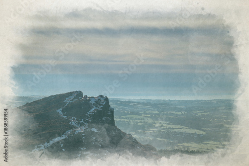 A rural British countryside winter landscape digital watercolour illustration of Hen Cloud.