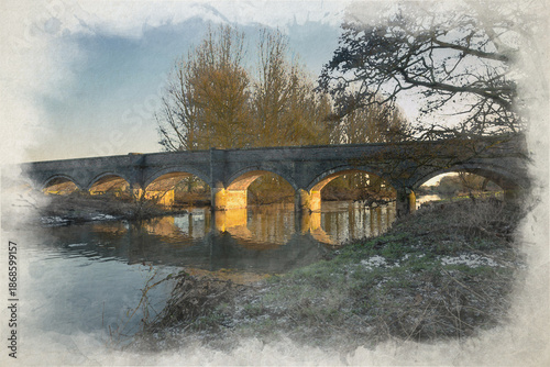 A digital watercolour painting of Weetman’s Bridge spanning the River Trent at Little Haywood, Staffordshire.