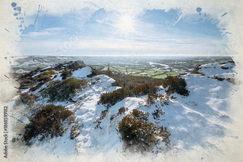 A Peak District winter landscape digital watercolour painting of Hen Cloud.