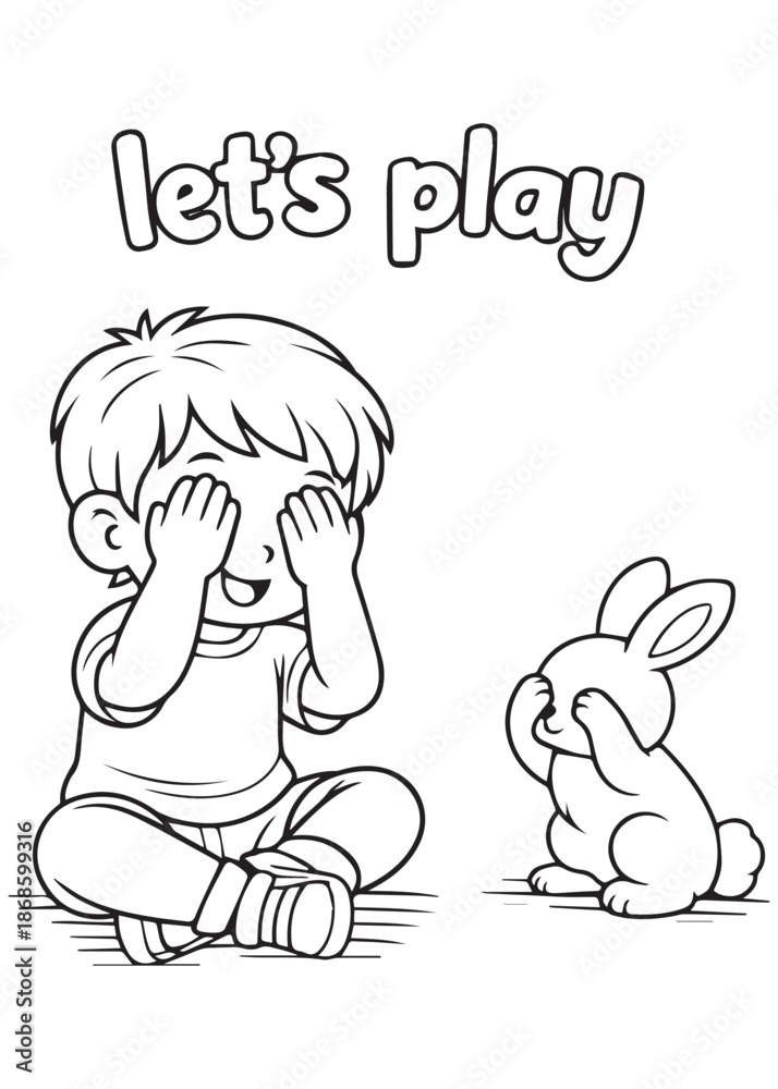 Obraz premium coloring book boy sitting covering eyes playing hide and seek with rabbit