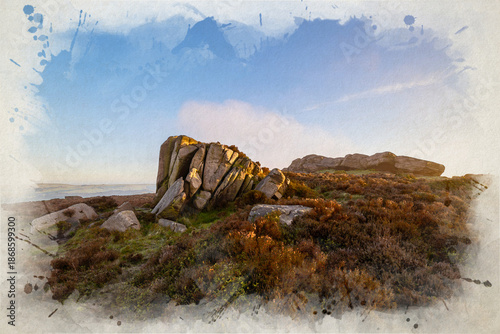Golden hour sunrise digital watercolour illustration of The Roaches in the Staffordshire Peak District National Park, England, UK.