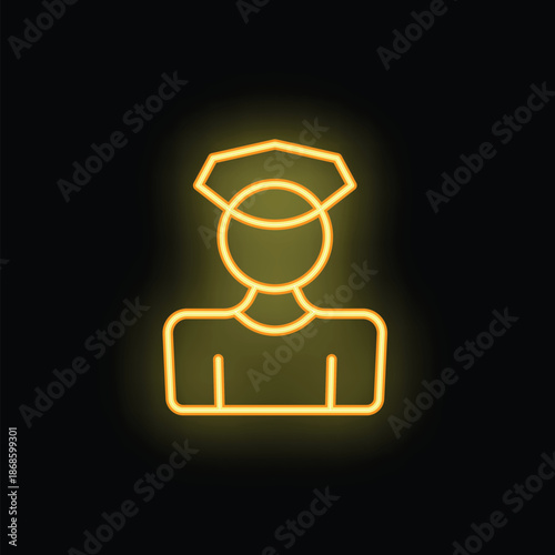 Neon yellow icon of a police officer glowing on a black background