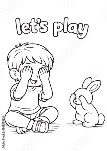 coloring book boy sitting covering eyes playing hide and seek with rabbit