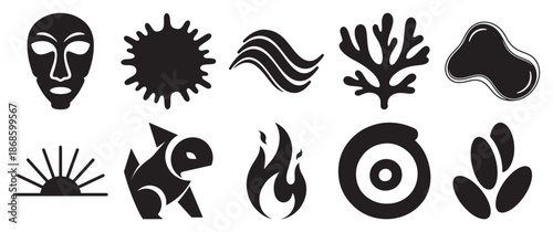 Silhouette abstract shape icon vector set with blob splash wave coral and symbol elements