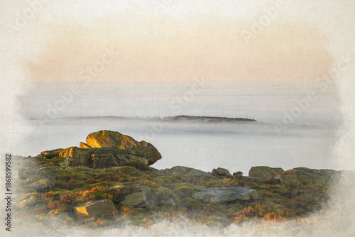 Digital watercolour illustration of a Peak District landscape vignette during a winter sunrise cloud inversion.