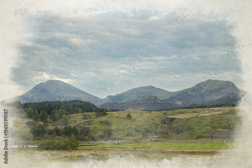 Digital watercolour illustration of the Hebog mountain range of Moel Hebog, Moel yr Ogof and Moel Lefn in the Eryri National Park, Wales.