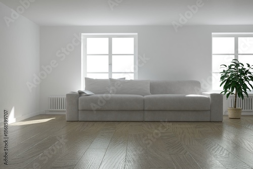 modern room with white sofa with pillows, heating battery and plant in sand flowerpot near the sofa interior design. 3D illustration