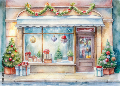 watercolor painting of a christmas shop